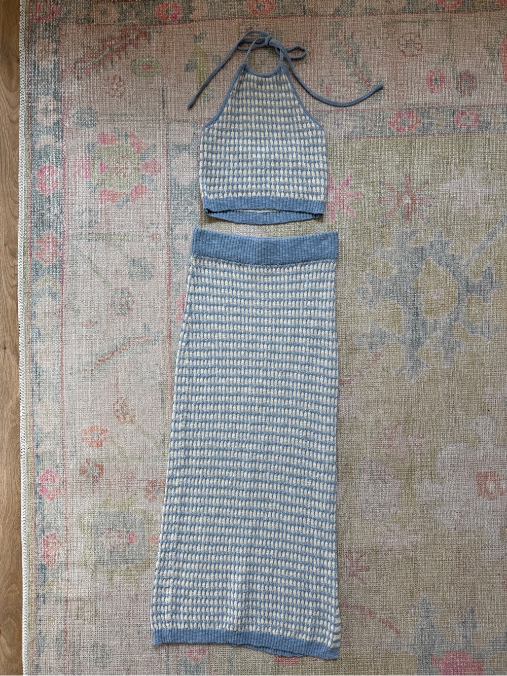 Mable sweater skirt set- blue & cream- small